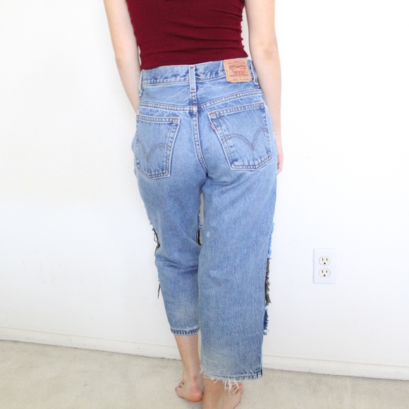 RE-Worked VTG 550 sz 28 crop Patchwork Levi's Reworked Upcycled textural patches - Picture 6 of 9